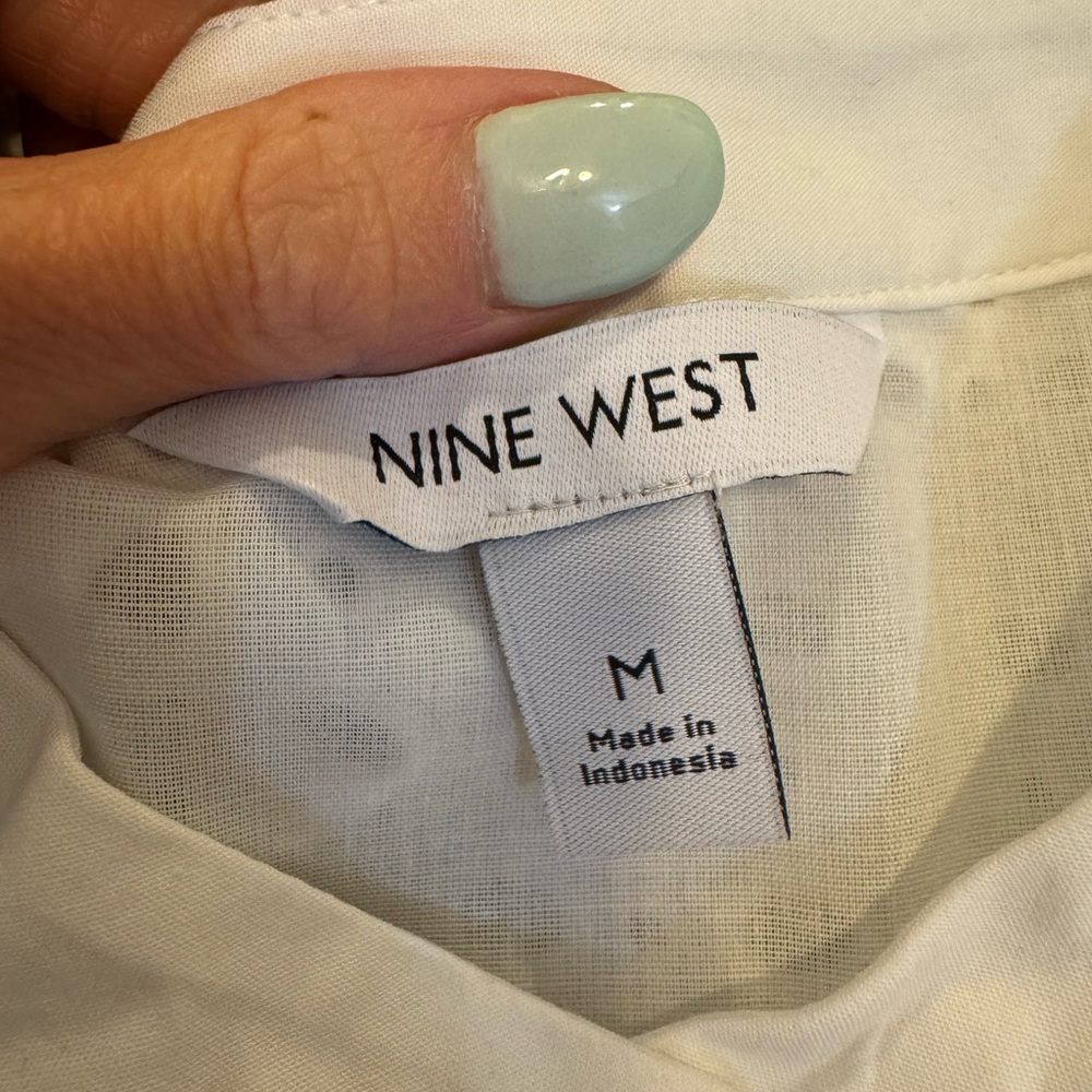 Nine West White Belted Puff Sleeve Eyelet Dress Fit Flare Cottagecore M NEW - Picture 5 of 9